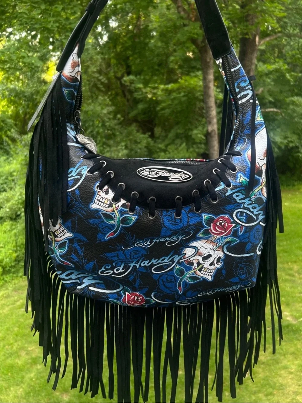 NEW! ED HARDY Y2K Fringe Skull Hobo Shoulder Bag Black/Blue